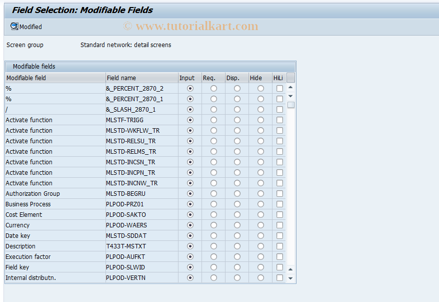 SAP TCode OPN7 - Field Sel.:Std Ntwk Activity Detail