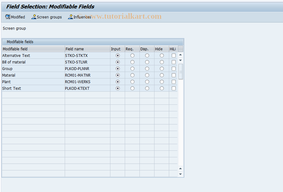 SAP TCode OPN8 - Field Sel.: Standard Ntwk Comp.Overview