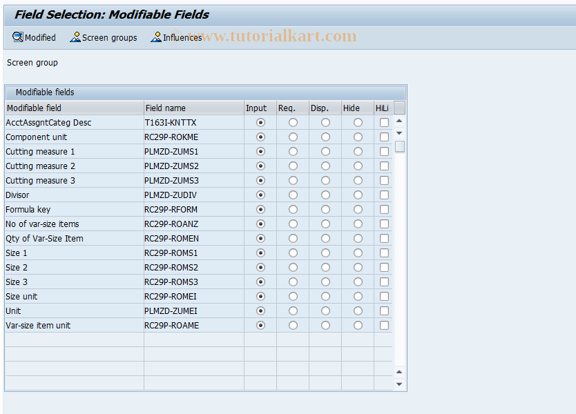 SAP TCode OPN9 - Field Sel. Std Ntwk Comp.Detail