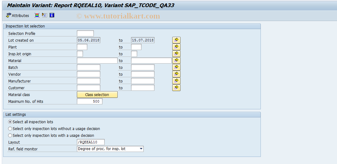 SAP TCode OQI4 - Customize Lot Selection for QA32/33