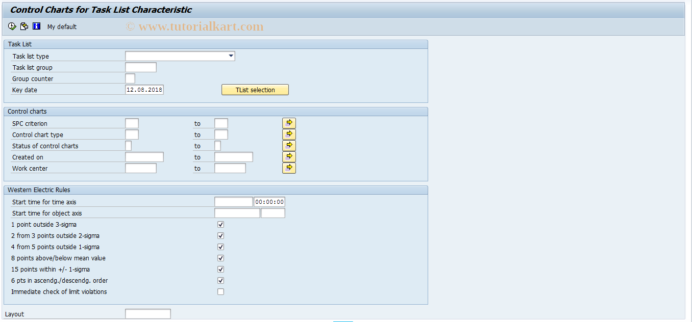 SAP TCode OQI6 - List of control charts for task list