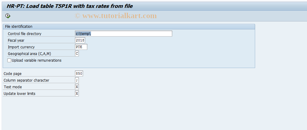 SAP TCode PC00_M19_RPUIRSP0 - HR-PT: Load table T5P1R from file