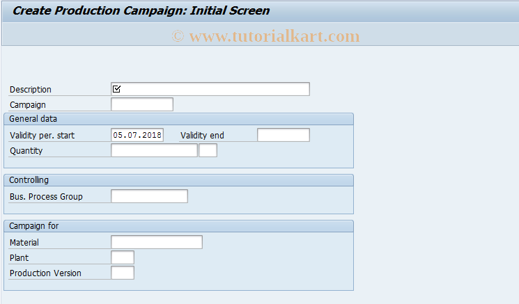 SAP TCode PCA1 - Creating a Production Campaign