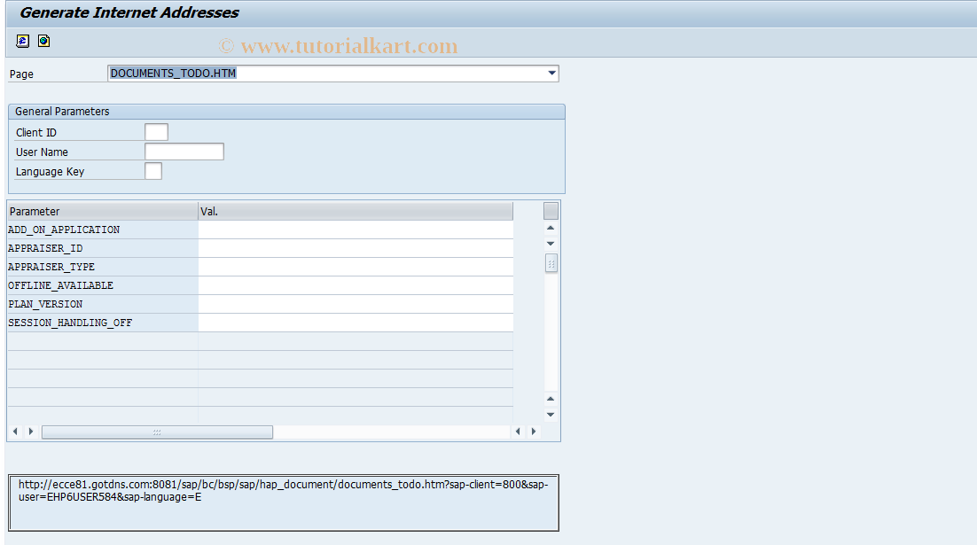 SAP TCode PHAP_START_BSP - Generate Internet Addresses