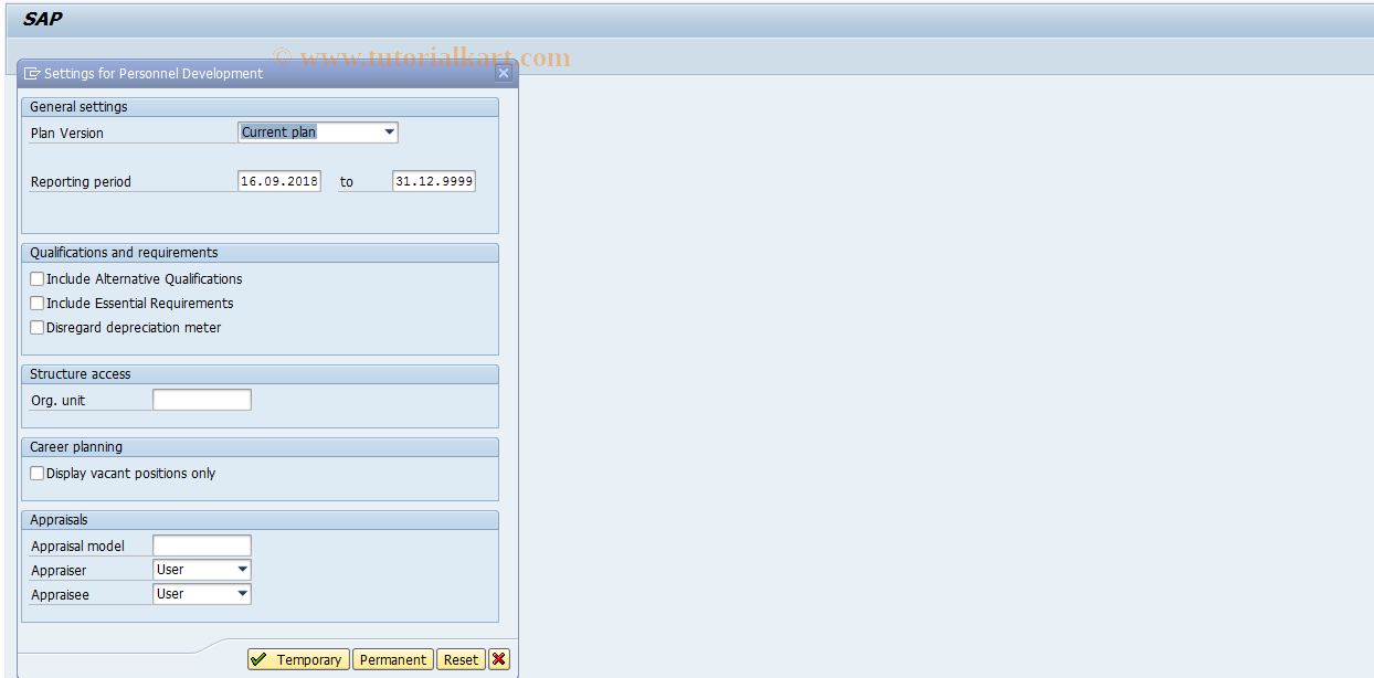 SAP TCode PPUP - Settings: User Parameters