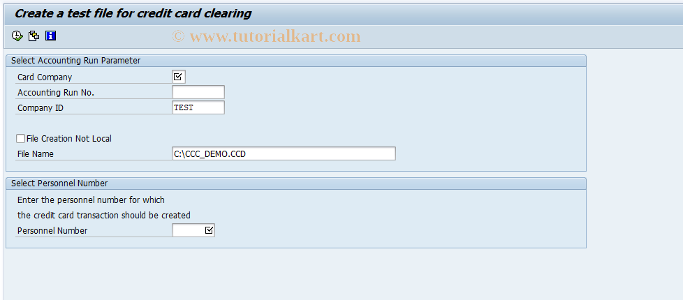 SAP TCode PRCCT - Create Credit Card Clearing TestFile