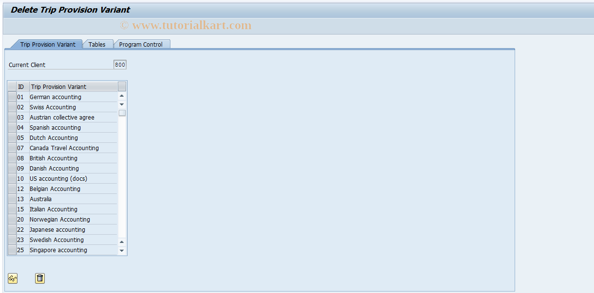 SAP TCode PRDE - Delete Trip Prov.Variant