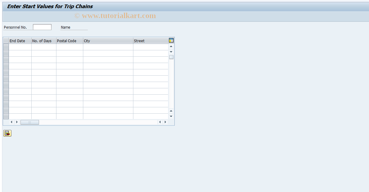 SAP TCode PRSC - Record: Start Values for Trip Chain