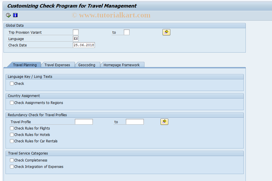 SAP TCode PR_CHECK - Check Customizing Settings