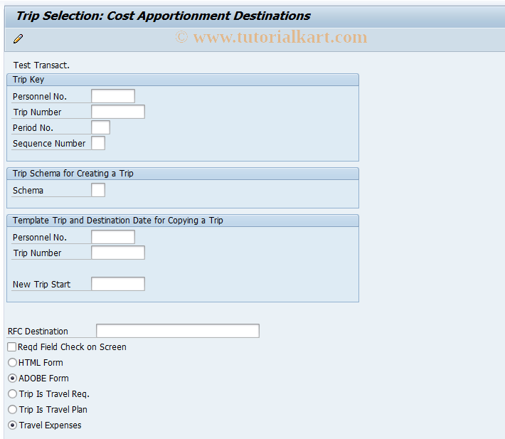 SAP TCode PR_WEB_1720 - Cost Apportionment Destinations