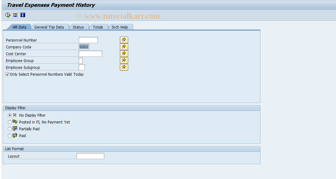 SAP TCode PTRV_PAYMENT_HISTORY - Travel Expenses Payment History