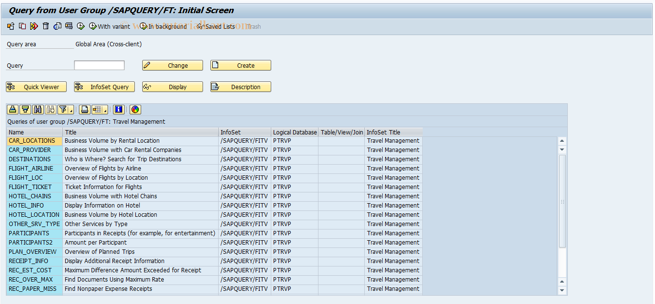 SAP TCode PTRV_QUERY - Travel Management Queries