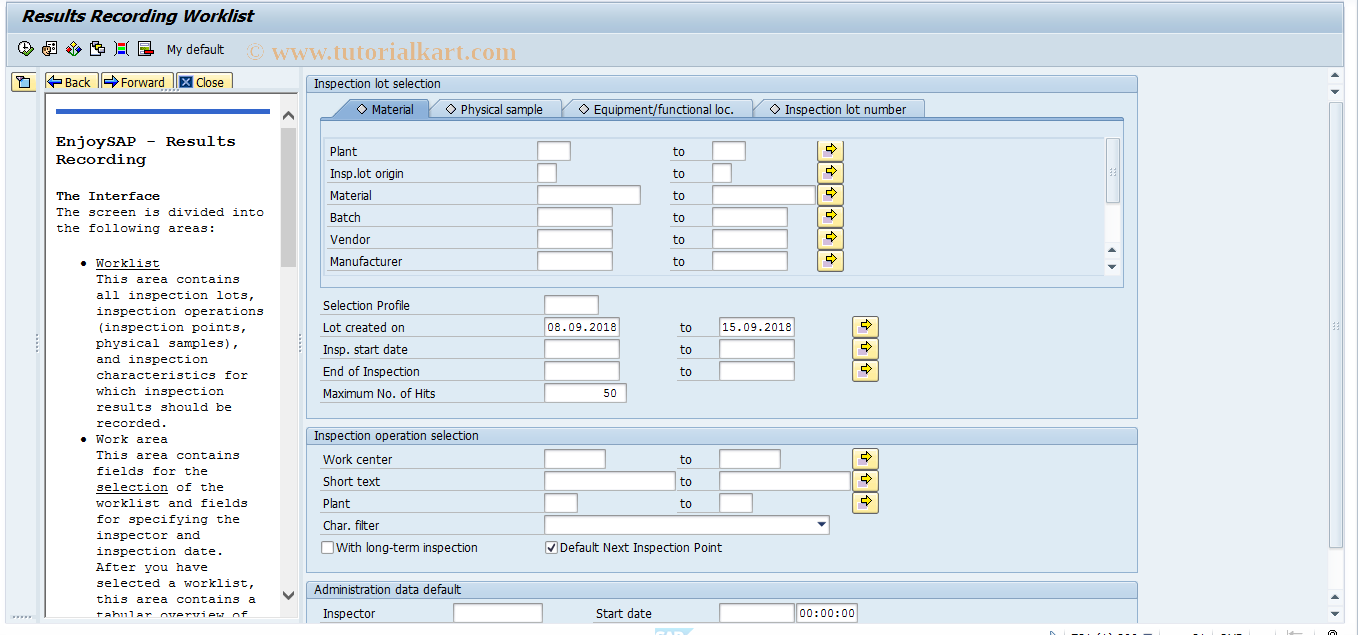 SAP TCode QE51N - Results Recording Worklist