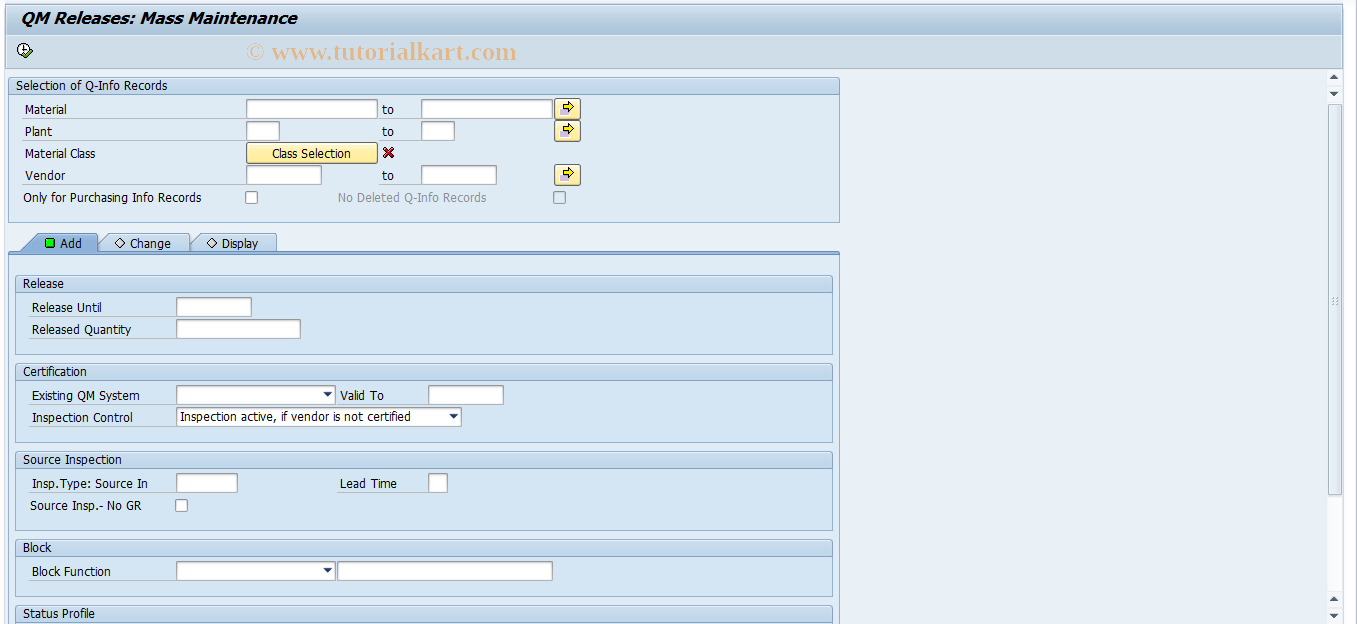 SAP TCode QI06 - QM Releases: Mass maintenance