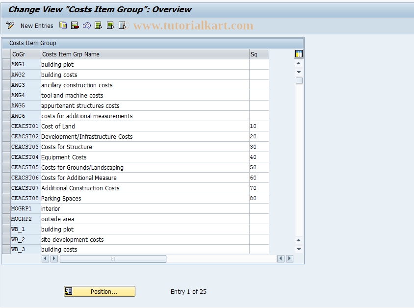 SAP TCode REAJCOSTSGRP - Costs Item Group