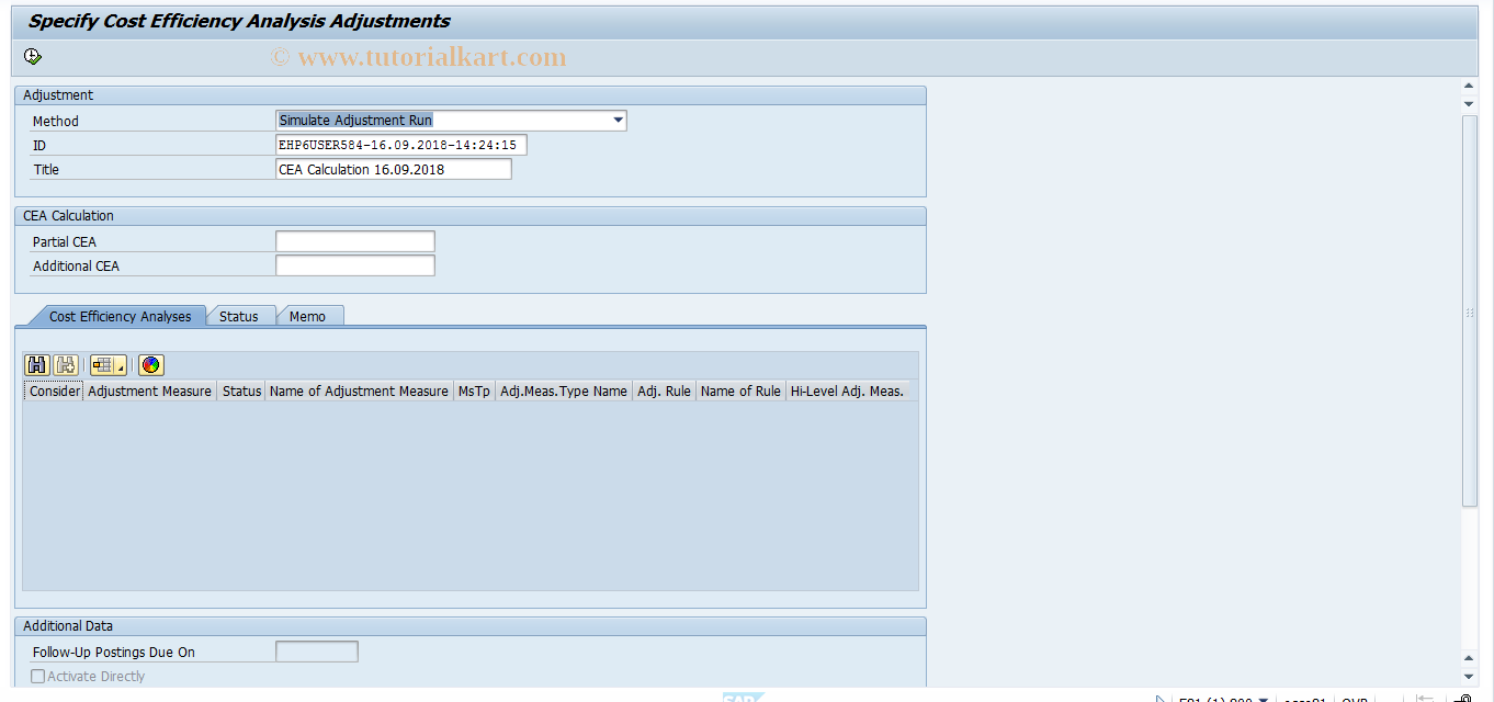 SAP TCode REAJPRCEA - Specify Adjustments - CEA