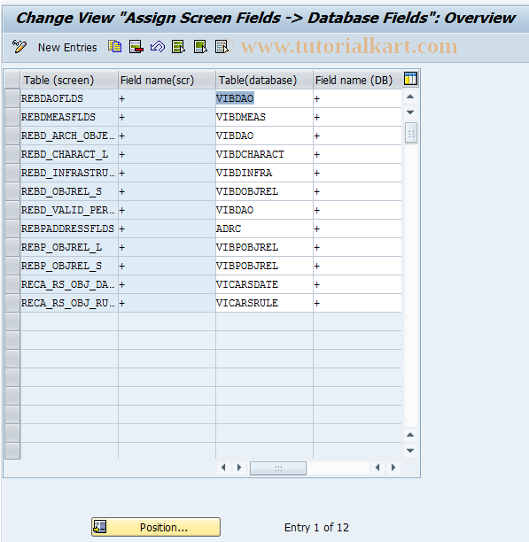 SAP TCode REBDAO0011 - AO: Assgmt Screen Field->DB Field