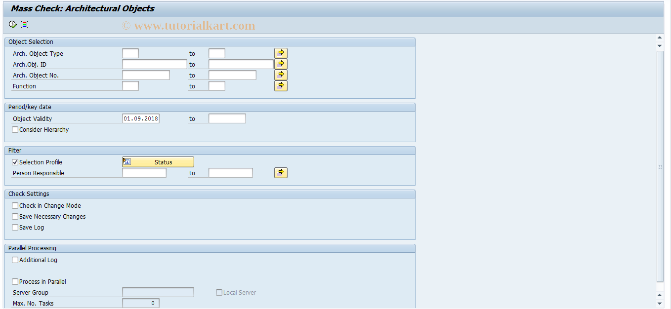 SAP TCode REBDAOCHECK - Mass Check: Architect. Objects