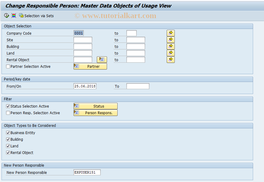 SAP TCode REBDCARP - Change Person Resp.: Usage Objects