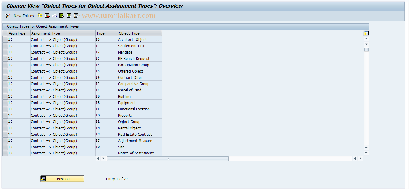 SAP TCode REBDCOBJASSUSED - Object Types for Obj. Assign. Types