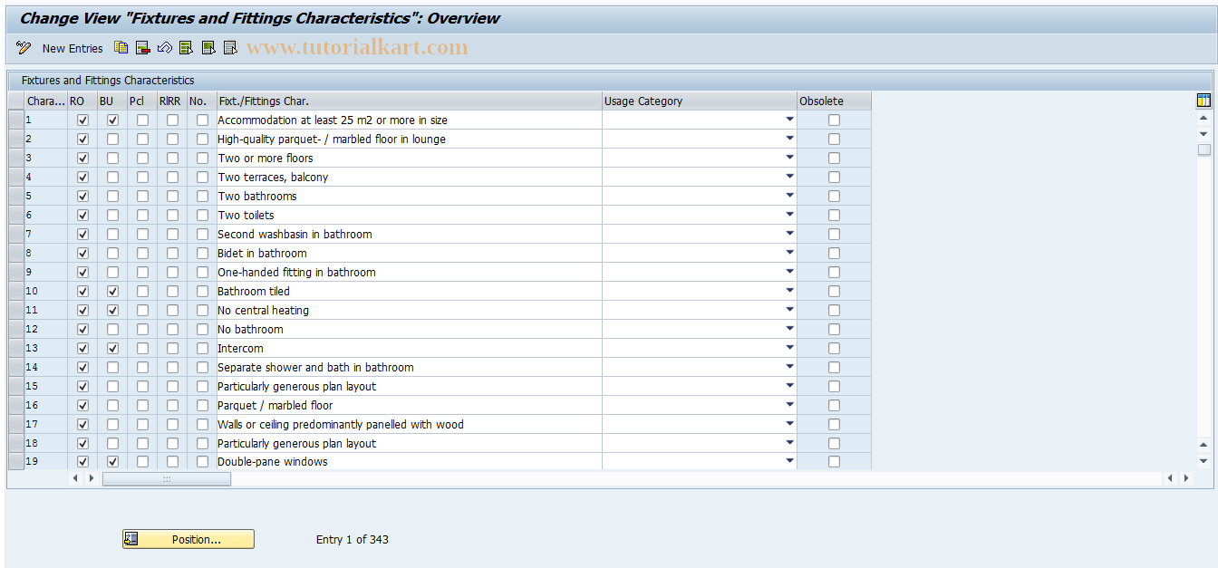 SAP TCode REBDFIXFITCHAR - Fixt./Fittings Characteristics