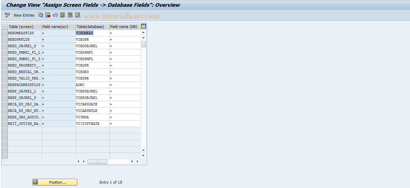 SAP TCode REBDPR0011 - PR:Assignment Screen Field->DB-Field