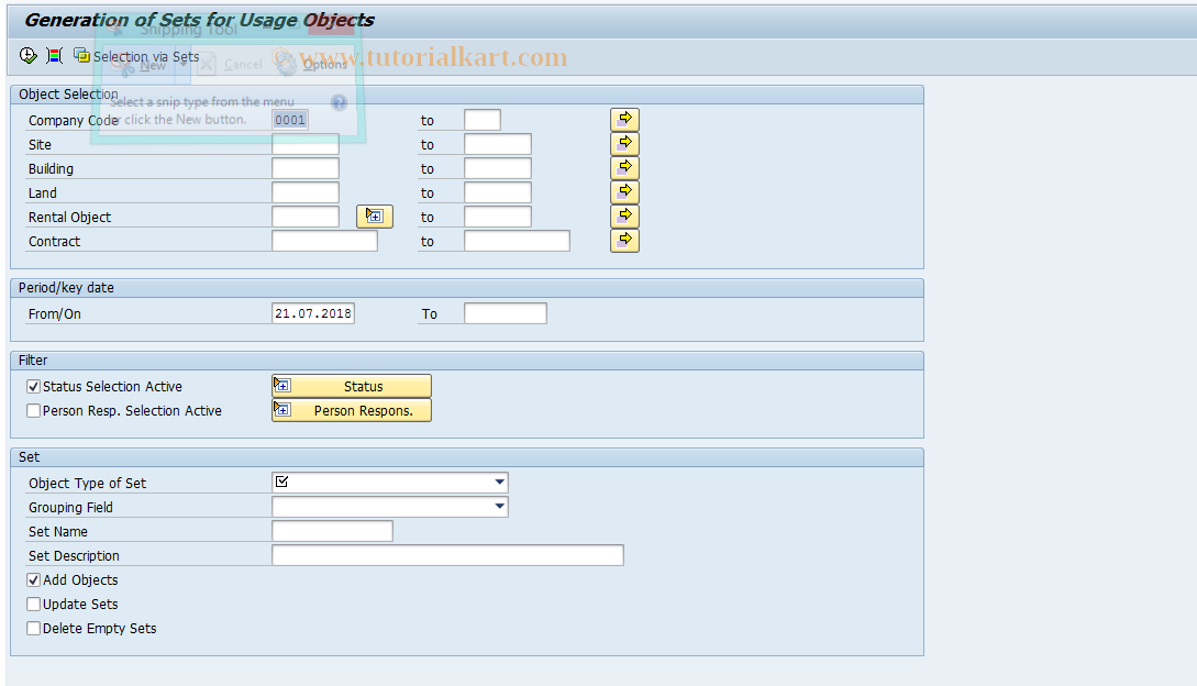 SAP TCode REEXSETGENBD - Generate Sets for Usage Objects