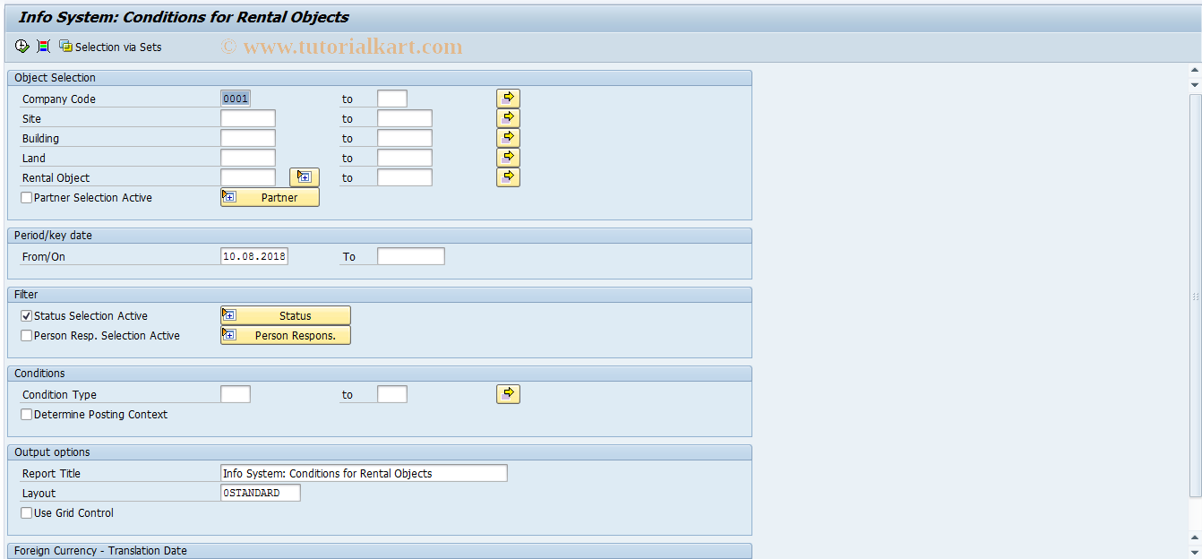 SAP TCode REISCDBD - Info System: Conditions for RO