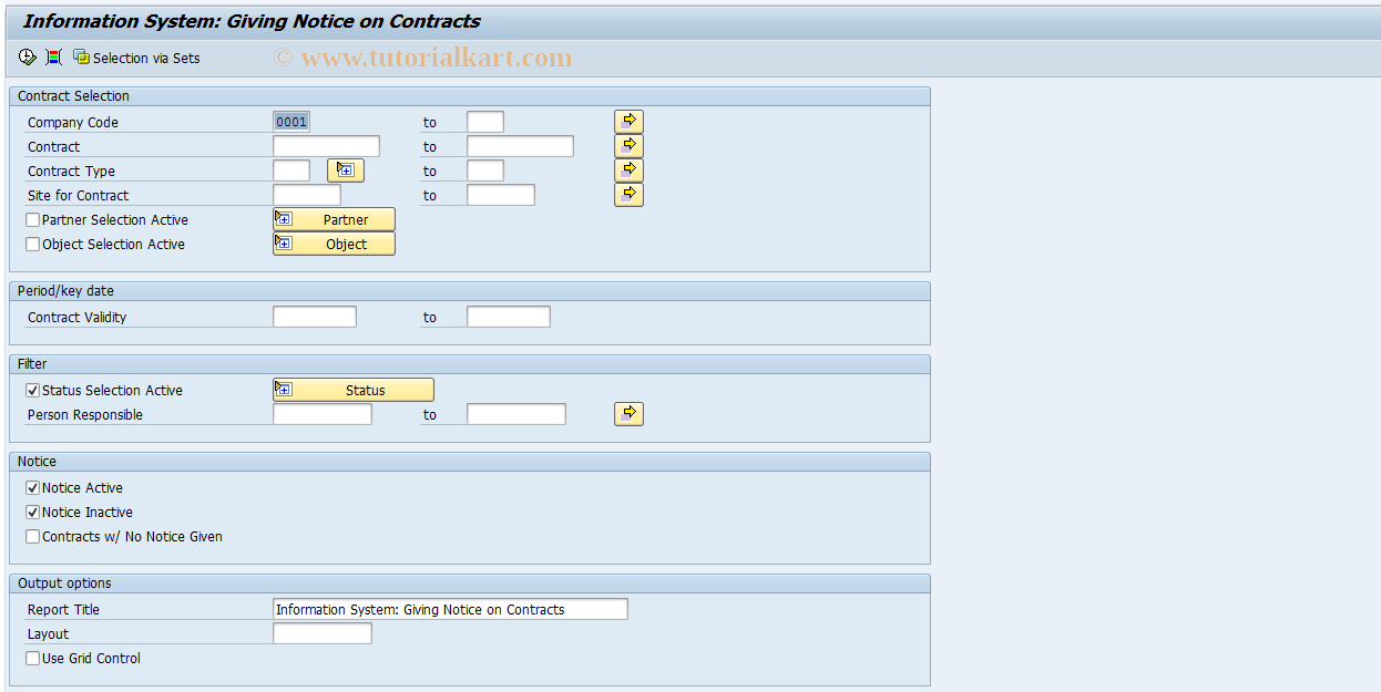 SAP TCode REISCNNT - Infosystem: Notice on Contracts