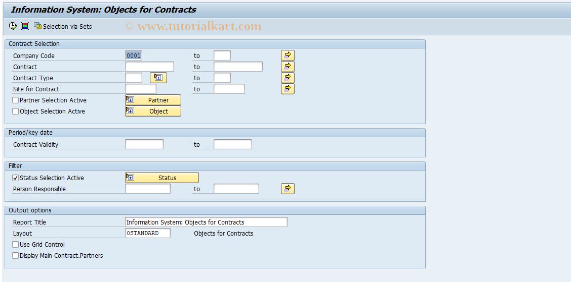 SAP TCode REISCNOA - Info System: Objects for Contracts