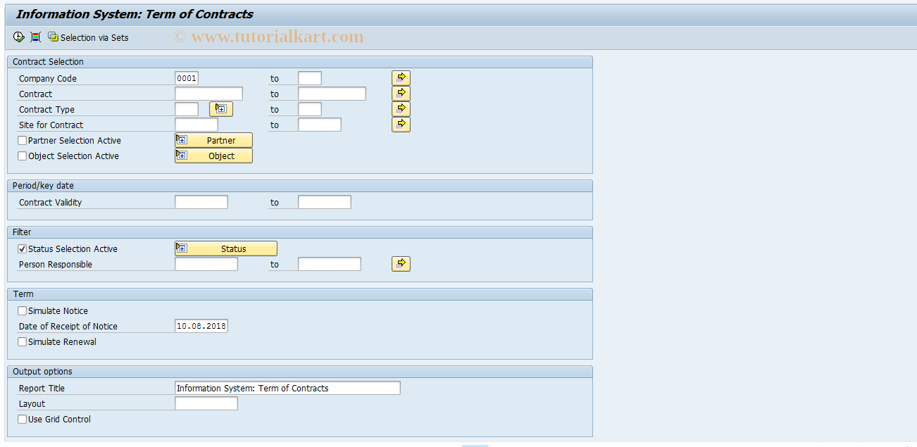 SAP TCode REISCNPE - Infosystem: Term of Contracts