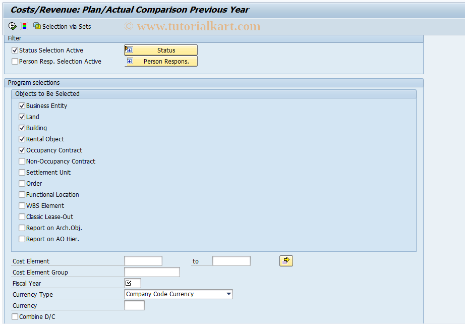 SAP TCode REISCOCSTACTPRE - Costs/Rev: Comparison Actual PrevYr