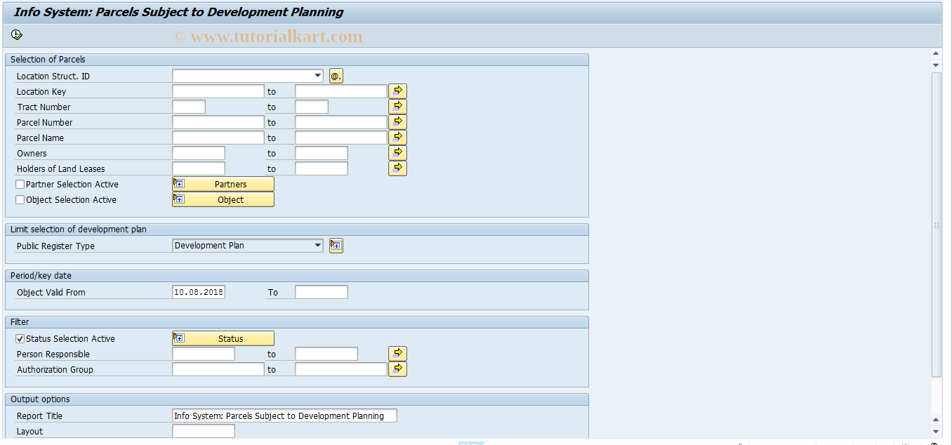 SAP TCode REISPLDP - Info System: Parcels - Develop. Plan