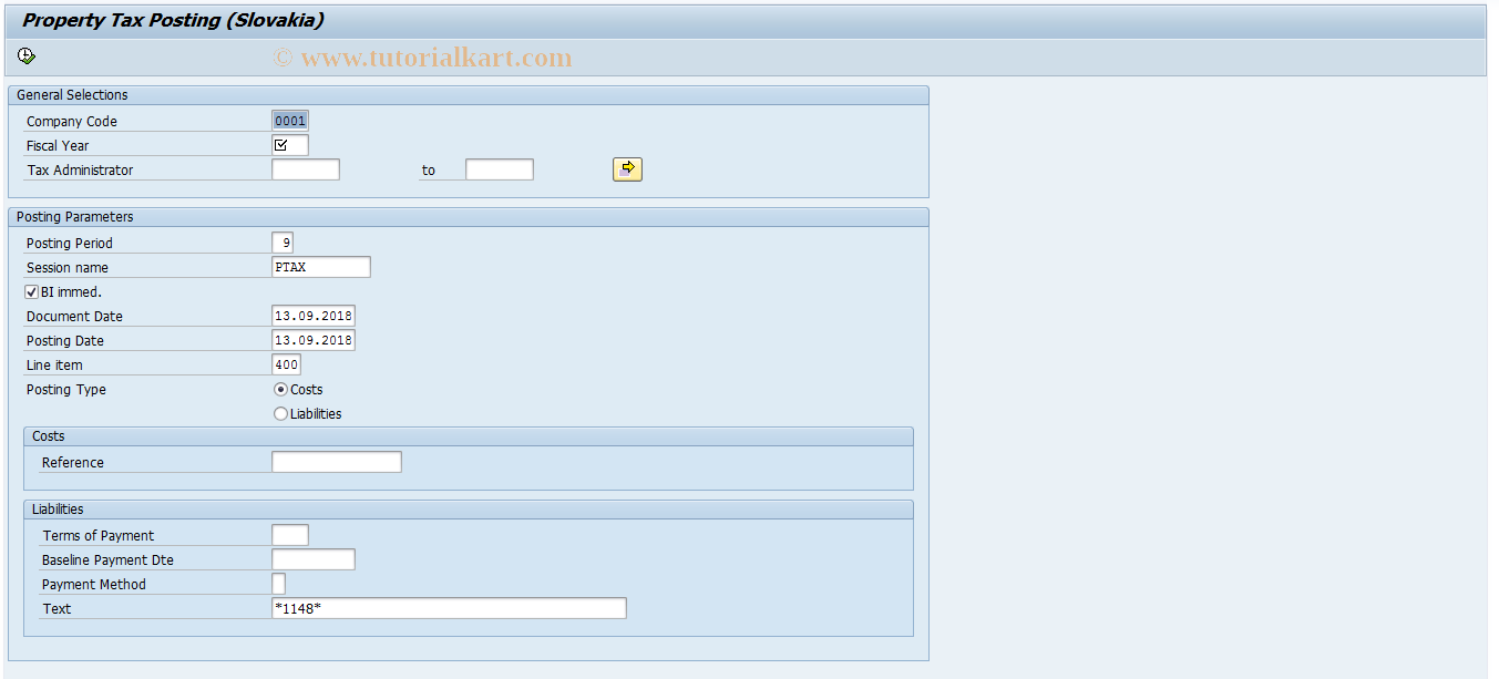 SAP TCode REXCSKPTPO - Property Tax Posting (Slovakia)