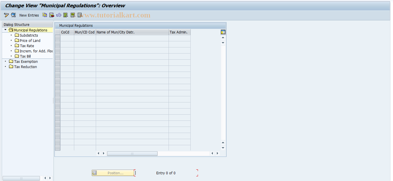 SAP TCode REXCSKPTVZN - Prop. Tax: Define Mun. Regulations