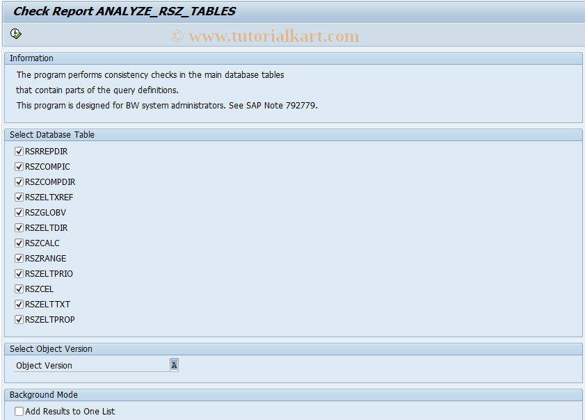 SAP TCode RSZTABLES - Call ANALYZE_RSZ_TABLES