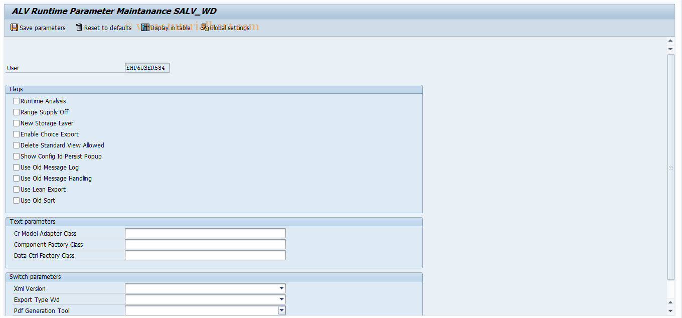 SAP TCode SALV_WD_PARAMS - Runtime Parameters for WD ALV