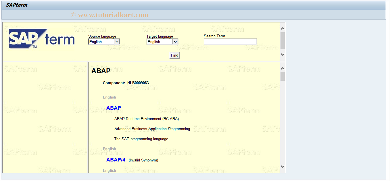 SAP TCode SAPTERM - SAPterm: SAP Dictionary