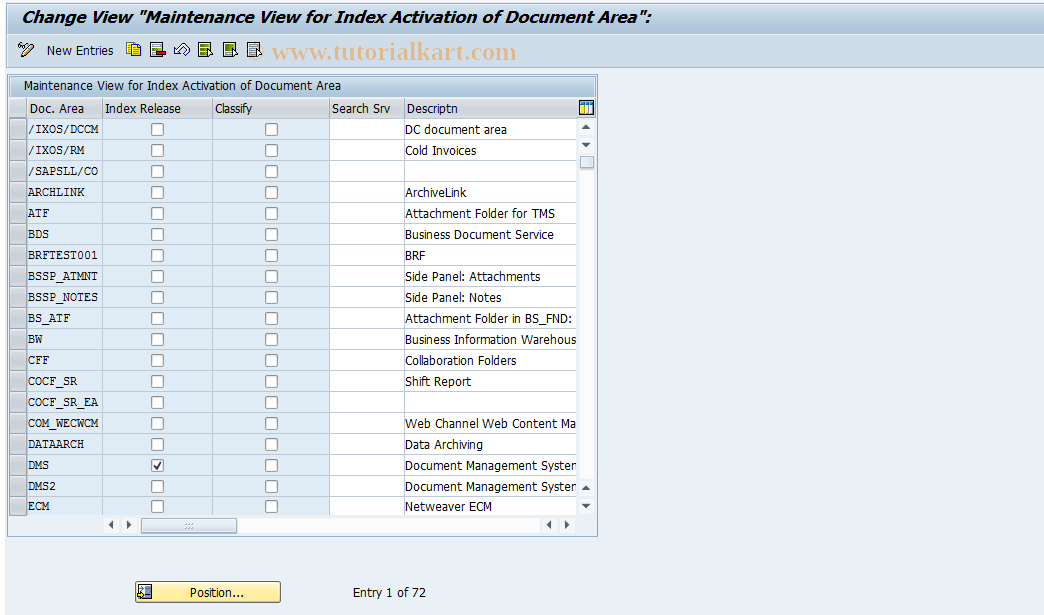 SAP TCode SKPR06 - Index Activation of Document Area