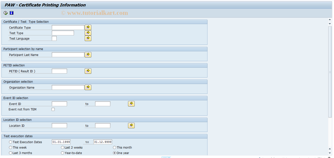 SAP TCode SL90 - PAW - Cert Printing Information