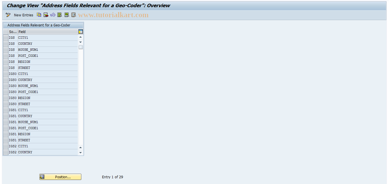 SAP TCode SZGEOCD_GEOCDRLFLD - Relevant Address Fields for Geocoder