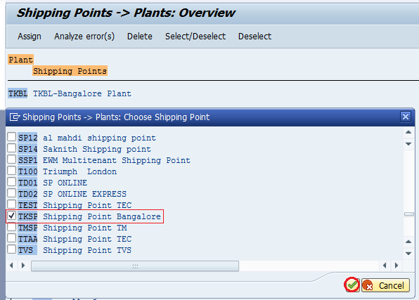 shipping point assignment to plant table