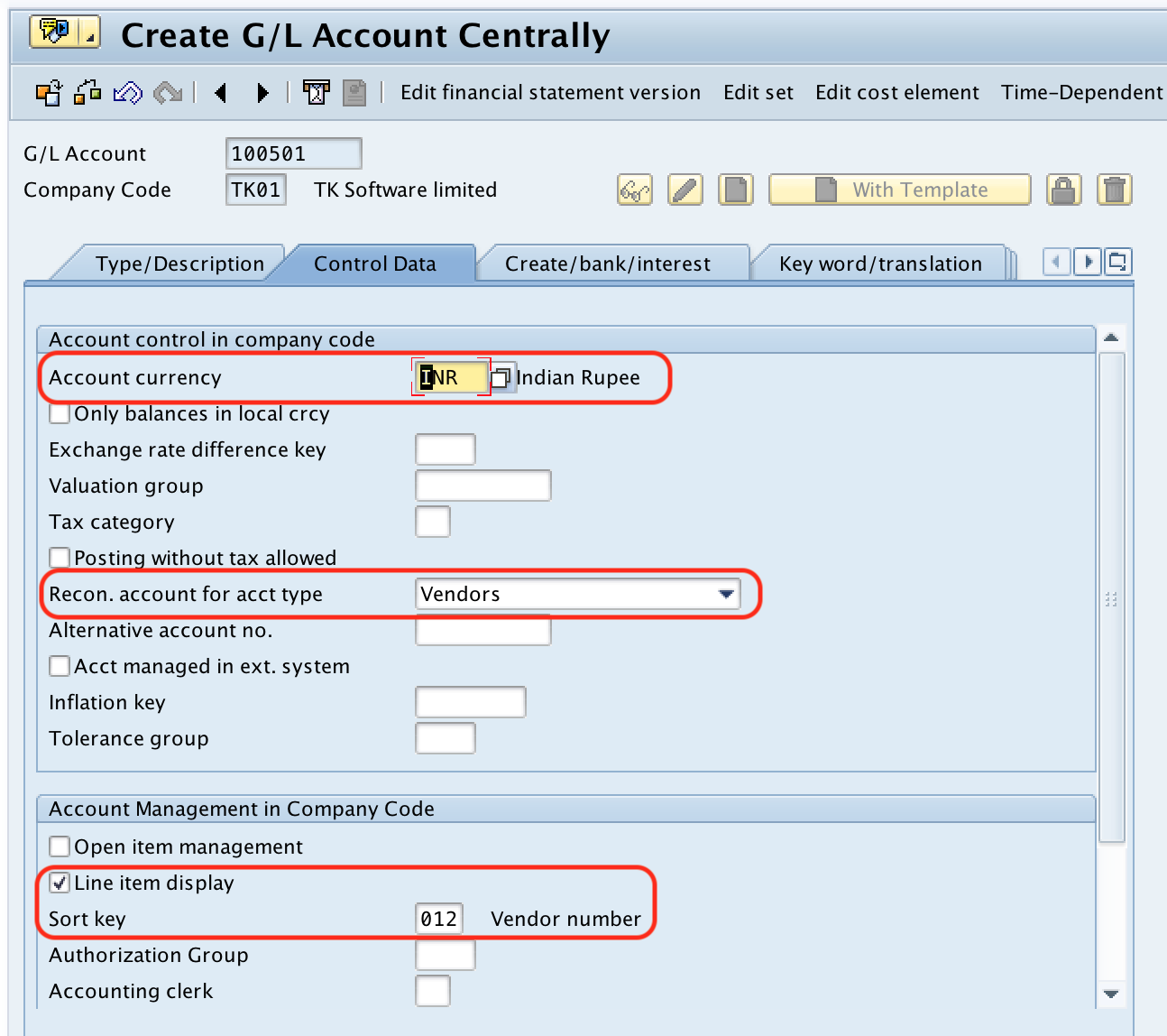 SAP Vendor Reconciliation Account - control data