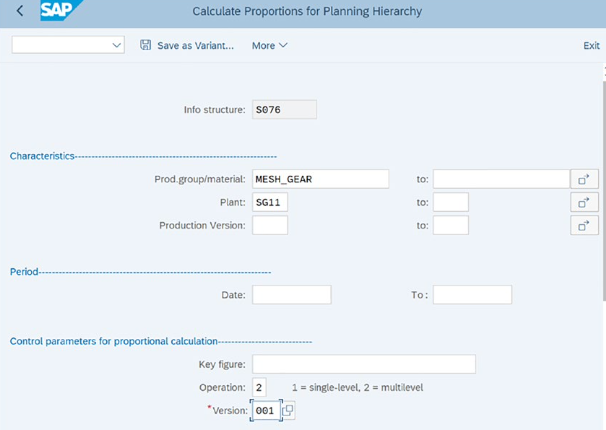 Calculating proportions for the planning hierarchy