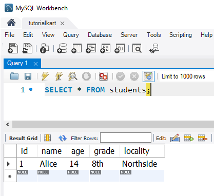 Table after SQL INSERT