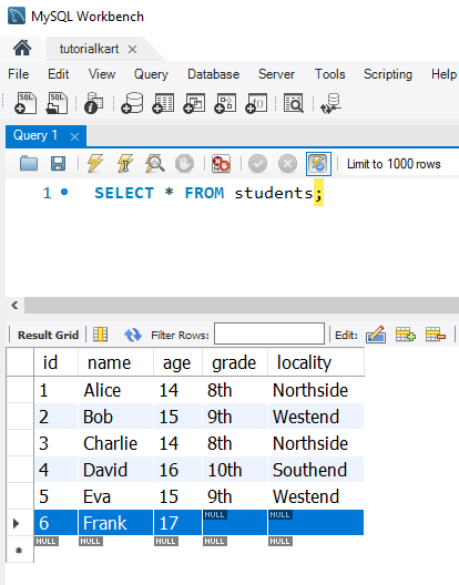 Table after SQL INSERT