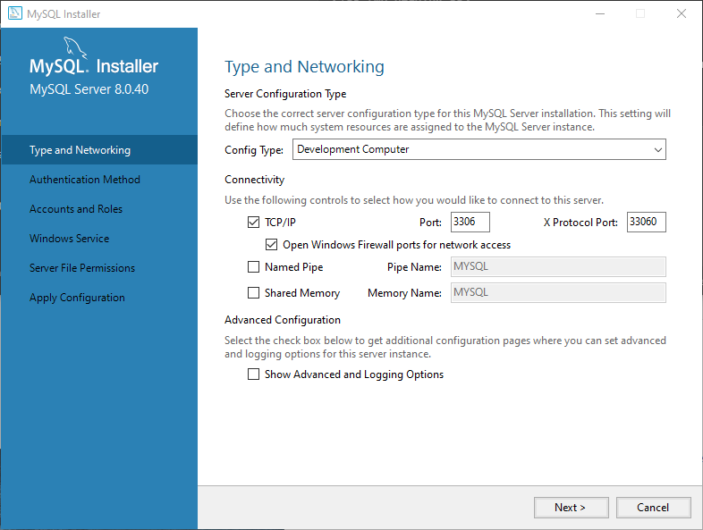 MySQL Server Installation - Configure MySQL Server - Type and Networking