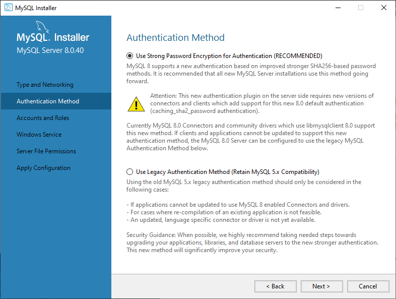 MySQL Server Installation - Authentication Method