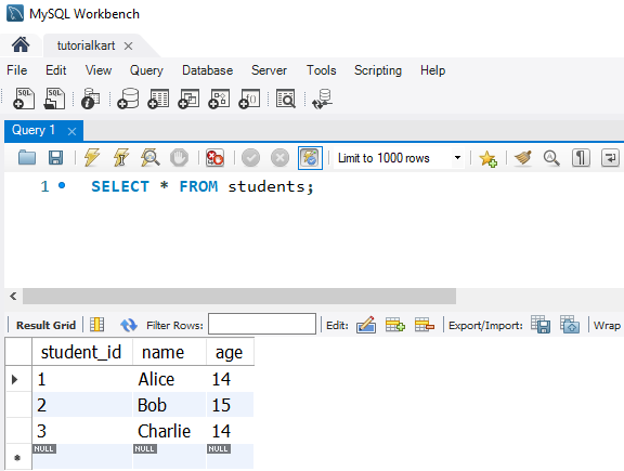 SQL Joins - Example table data - students