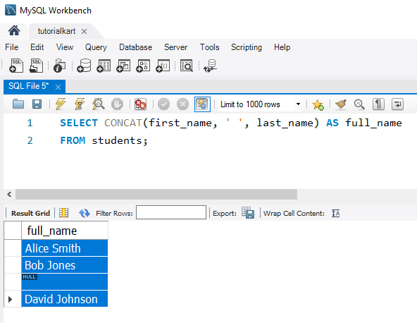 SQL CONCAT() Function Example - Concatenating First Name and Last Name